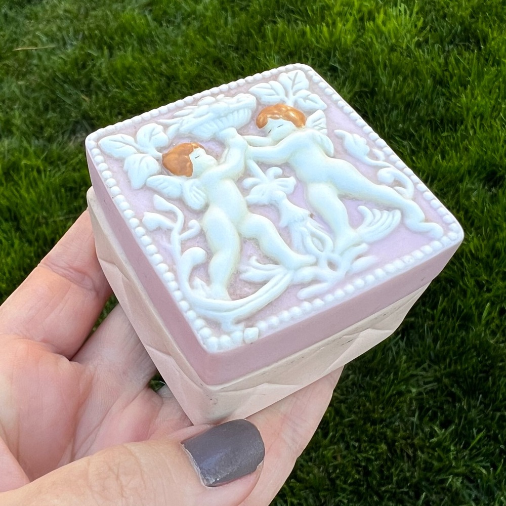 JCM Pink Square Trinket Box with Cherubs Jewelry Box Vintage Ring Box